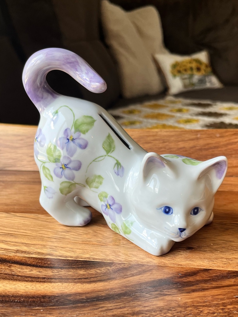 Andrea By Sadek Hand Painted Ceramic Cat Bank with Purple Floral Accents